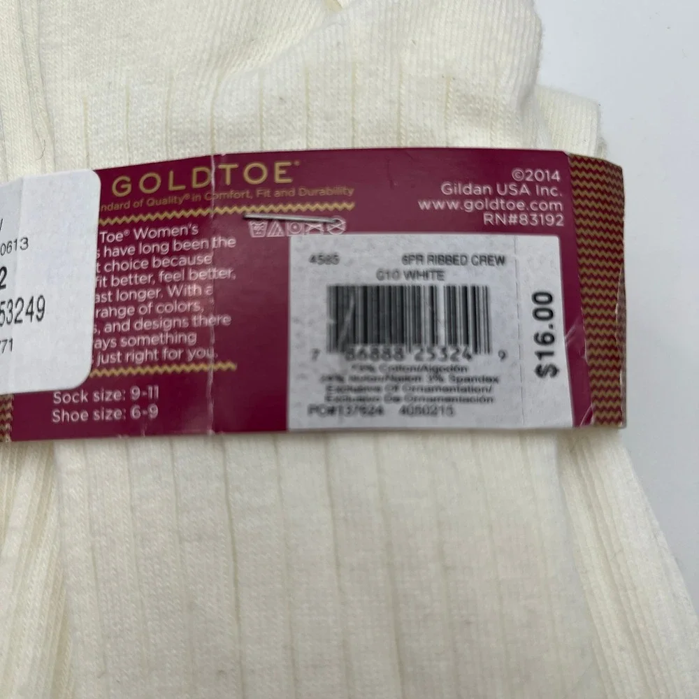 Goldtoe Socks Womens 9-11 White Ribbed Crew 4 Pairs‎ Cotton Blend 4585
